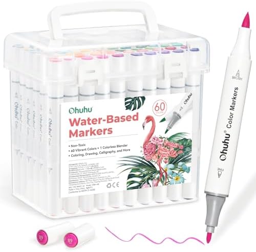 Ohuhu Adult Coloring Books Markers 60 Colors Water-based Dual Tips No Bleed