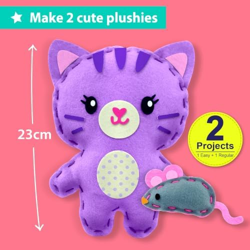 KRAFUN Beginner Sewing Kit, Sew Kitten & Mouse, Pre-Cut Felt, Kids Ages 5+