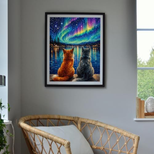 MBNTJHT Cat Diamond Painting Kits for Adult Beginners,Aurora Scenery Diamond Art Kits for Adults,DIY 5D Full Drill Starry Night Gem Art and Crafts for Home Decor Gifts 12X16 Inch.