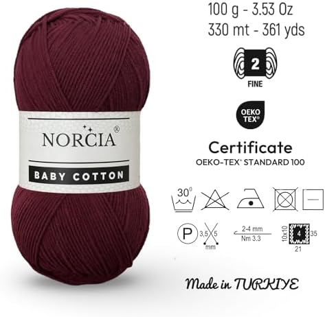 Baby Cotton, 55% Cotton 45% Acrylic Yarn, Fine/Sport (2) for Crochet and Knitting, Soft Amigurumi Yarn, 100 gr (361 yds)