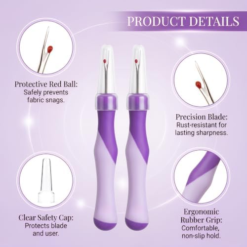 5 Pack Needle and Thread Seam Ripper Set, Purple, Ergonomic Non-Slip Handle Stitch Remover Tool for Sewing, Cross Stitch, Embroidery, Knitting and Crafting