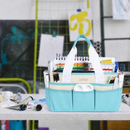 JJRING Craft Organizer Tote Bag Art Storage Caddy Sky Blue and Beige | With Multiple Pockets For Sewing, Scrapbooking, School, Medical, And Office Supplies