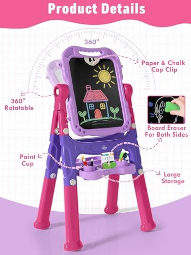 Lehoo Castle Easel for Kids 3-5, Magnetic Chalkboard Whiteboard(Purple)