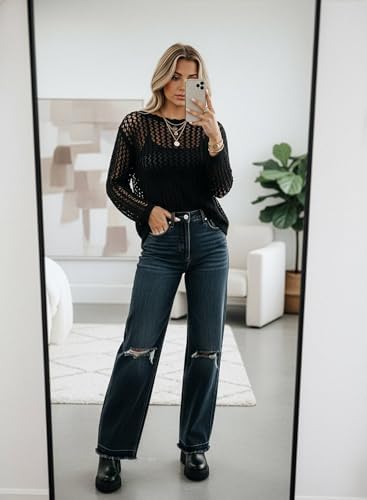 EVALESS Crochet Tops for Women Long Sleeve Hollow Out Knit Sweaters