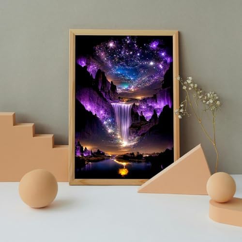MBNTJHT Waterfall Landscape Diamond Art Kits for Adults,DIY Purple Aurora Diamond Painting Kits for Beginners,5D Full Round Drill Gem Art Painting Crafts for Home Wall Decor 12x16 Inch.