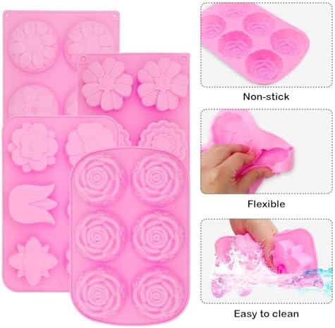 4 Pcs Flower Soap Molds Rose Silicone Molds Cake Molds Floral Chocolate Mold Set for Home Handmade DIY Candle Baking Tray Bars Wax Melts Tool