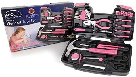 Apollo Tools Original 39 Piece General Household Tool Set in Toolbox Storage Case with Essential Hand Tools for Everyday Home Repairs, DIY and Crafts - Pink Ribbon - DT9706P