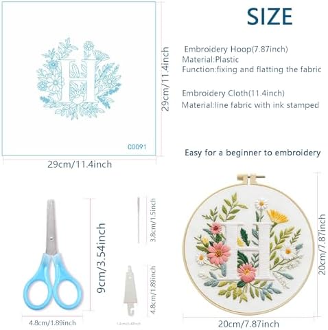 Zhenqing Letter H Embroidery Kit for Beginners, Pre-Printed 29x29cm Cotton Fabric with 20cm Hoop, Elegant Floral Monogram Design (C0091)