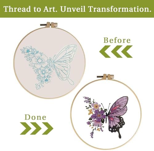 LB Butterfly Embroidery Kit for Beginners Adults, 3 Sets Hand Embroidery Starter Kit with Flower Pattern and Instructions Stamped Cross Stitch Kits Include Embroidery Hoop Needles Threads Scissors