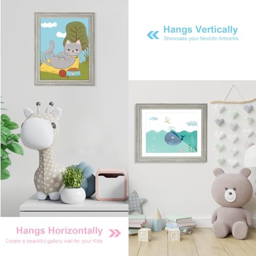 [2 Pack] Kids Art Frames, 10x12.5 Front Opening Kids Artwork Frames Changeable, Grey Wood Grain Artwork Display Storage Frame for Wall, Holds 50 Pcs, for 3D Picture, Crafts, Children Drawing, Hanging