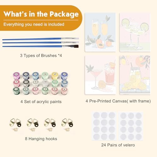 NEWENMO 4 Pack Paint by Numbers for Adults with Wooden Framed, Cocktail Kitchen, Paint by Number Kits on Canvas for Beginner, DIY Acrylic Oil Painting Kits for Home Decor 8x10 inch, Fruit Drink