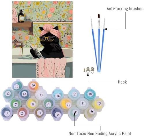 Canrichshop Black Cat Adult Paint by Number,Funny Bathing Cat Adults' Paint-by-Number Kits,DIY Acrylic Paint Kit for Adults Beginners Unframed,Easy Paint by Numbers Canvas for Decor 16x20inch