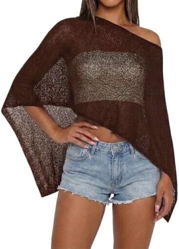 Women Sheer Knit Poncho Top Beach Cover Up Lightweight Crochet Shrug Y2k Summer See Through Shawl