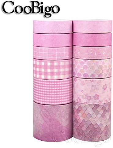 CooBigo Washi Tape Set, 12 Rolls 4 Size Decorative Masking Washi Tapes for Craft, Scrapbook, DIY, Planners, Gift Wrapping (Cherry Blossom Party)
