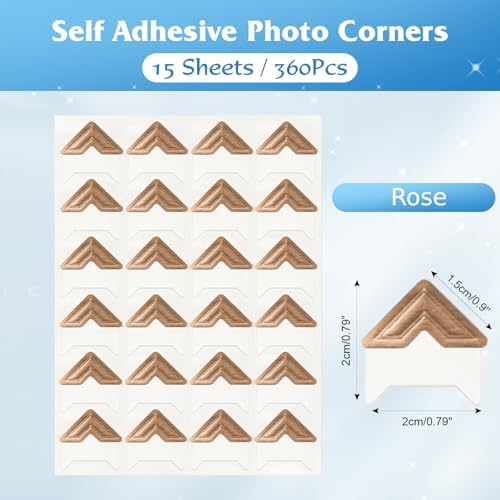 GOONAVI 15 Sheets 360 Pcs Acid-Free Photo Corners, Self-Adhesive Mounting for Wedding Scrapbook Supplies, DIY Photo Album, Journal, Guest Book, Memory Book (Rose)