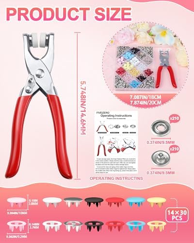 200 Sets FIVEIZERO Metal Snaps Buttons with Fastener Pliers Press Tool Kit for Sewing and Fabric, Snap Fasteners Kit in 7 Colors for Clothing, Crafts, and DIY Projects (10mm)