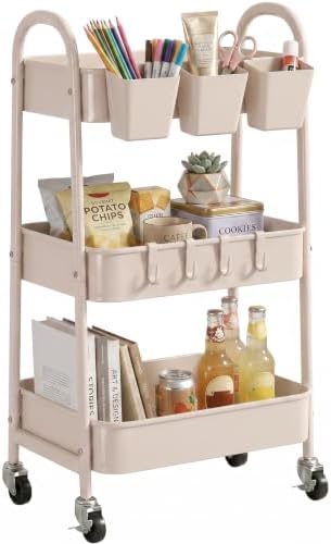 danpinera 3-Tier Rolling Cart, Utility Cart Mobile Metal Rolling Storage Cart with Lockable Wheels & Hanging Cups & Hooks for Kitchen, Bathroom, Office, Workshop, Beige