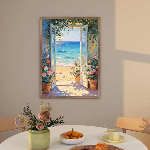 Beach and Flower Diamond Art Kits for Adults, Diamond Painting Kit Adults for Beginners, Round 5D DIY Dimond art,Full Drill Painting Kit Art and Crafts for Adults Home Wall Decor【11.8x15.7inch】