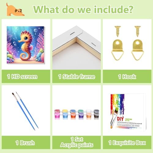 Reivworl Seahorse Paint by Numbers Kit for Kids with Frame 8×8 inch