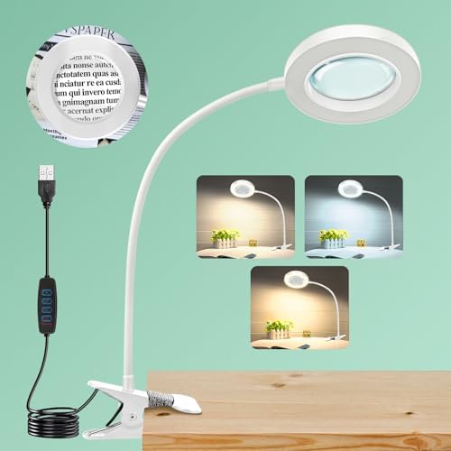 10X Magnifying Glass with Light and Stand,Hands Free Clip on Magnifier Lamp
