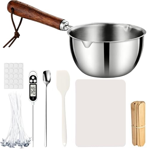 Candle Making Pouring Pot Kit for Beginners,Complete DIY Candle Making Set-Include 500ml Melting Pot with Pour Spout,Silicone Spatula, Stirring Spoon,Thermometer,Silicone Mat,Wicks&Wick Holders