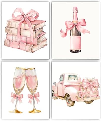 XUNLURY Pink Coquette Bow Diamond Art Kits 4 Pcs, Romantic Vintage Book Car Champagne Diamond Painting Kits for Adults Girls Beginners, Full Drill Diamonds Dots for Home Decor, 9.8x11.8 Inch