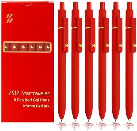 YOXMJDB 6 Pcs Red Ink Pens for Journaling 0.5mm Fine Point Red Gel Ink Pens, Smooth Writing Quick Dry Pen for Note Taking, Gift Set for Women & Men (6 Pcs Red Gold)