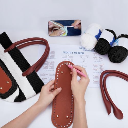 ORIGACH DIY Crochet Handbag Kit for Beginners, Black Striped Tote Bag with PU Leather Band and Base, Complete Crochet Set to Make a Bag, Include Yarn, Hooks, Markers and Instruction