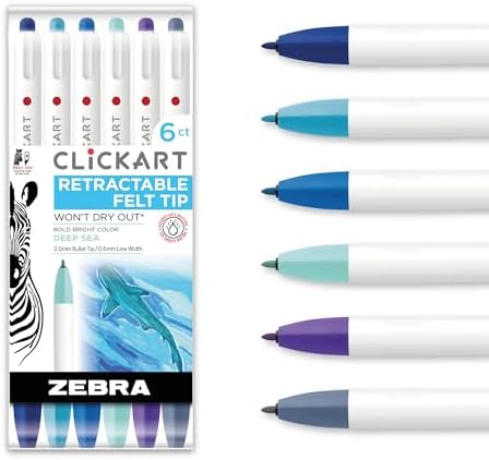 Zebra Pen CLiCKART No Bleed Felt Tip Pen, Deep Sea Ink, 0.6mm, 6-Pack