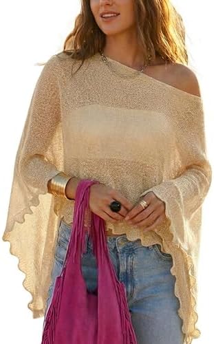 MAKABO Women's Crochet Sheer Poncho Top Lightweight Sparkly Shrug Pullover Knit Bolero Sweater Cover Up Beachwear