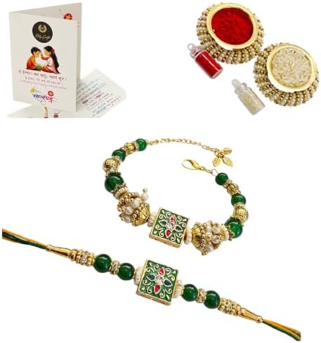 Handmade Premium Couple Rakhi Gift Set | Green Traditional Charm with Unique Design Rakhi Combo | Includes Roli Kumkum & Chawal | Traditional Raksha Bandhan Gift for Bhaiya Bhabhi, Brother & Sister