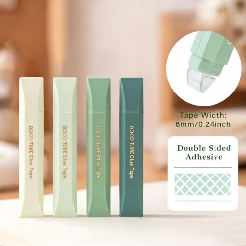 Temiary 4 Pack Double Sided Tape Pen, 16.4 Ft x 0.24 Inch Scrapbook Tape Roller for Crafts, Aesthetic Adhesive Glue Tape Pens for Scrapbooking School Office Journaling Supplies (Green)