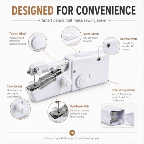 AMYJOY Mini Handheld Sewing Machine for Beginners, Portable Cordless Sewing Machine with Complete Sewing Kit, Battery Operated Stitch Tool for Clothing Repair, DIY Craft, Home & Travel Use – White