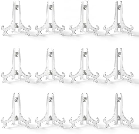 Artliving 4 Inch Clear Plastic Easels or Stand/Plate Holders to Display Pictures or Other Items at Weddings, Home Decoration, Birthdays, Tables (12 Pack)
