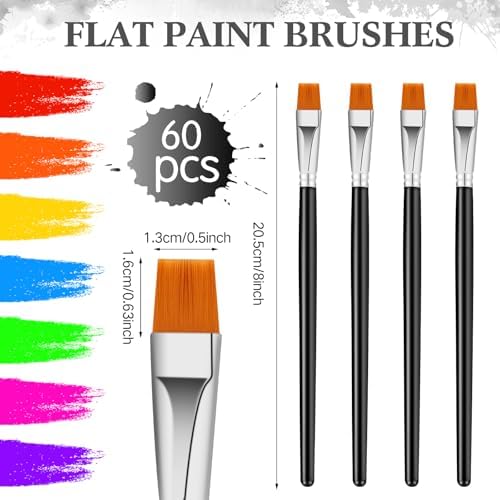 Crtiin 60 Bulk 1/2 Inch Flat Paint Brushes for Acrylic Painting (Black)