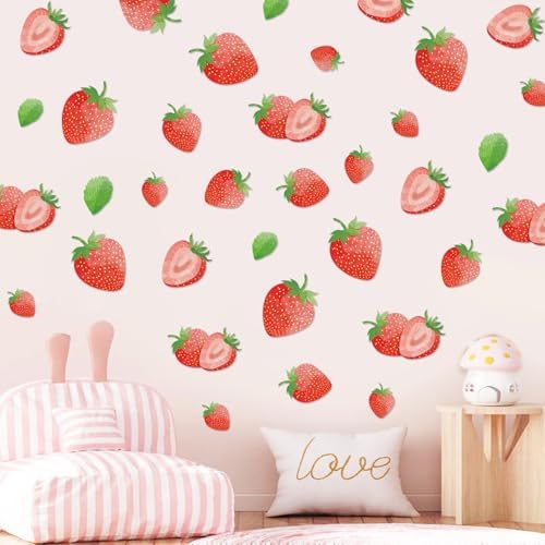 AOWDIAO 80 Pcs Strawberry Wall Decals – Peel and Stick for Bedroom, Kitchen, Bathroom & Nursery – Cute Strawberry Decor for Home & Party