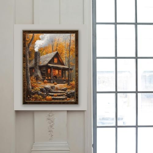 MIRCVSH Autumn Diamond Art Kits for Adults,5D Round Drill Wood Cabin Diamond Painting Kits for Adult Beginners,DIY Full Drill Gem Art Painting Kit for Home Wall Decor 12X16 Inch.