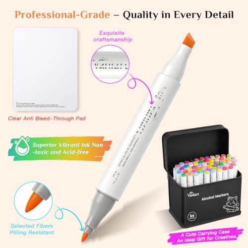 Professional Alcohol Markers, 54 Colors Fine & Chisel Sketch Pens | Permanent Ink & Dual Tip for Adult Coloring Book, Drawing, Cards, Journaling, Planner – Art Supplies Gift for Kids Girl Boy