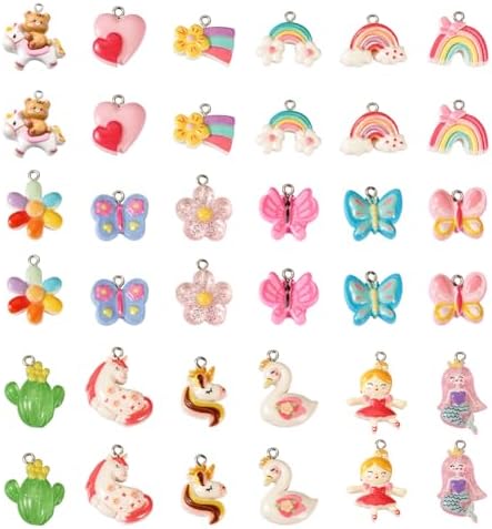 Cheriswelry 36pcs Butterfly Cactus Flower Pendants Cute Rabbit Heart Resin Dangle Charms Lovely Earring Making Charms Hang Ornament 15~30mm for DIY Craft Necklace Jewelry Making
