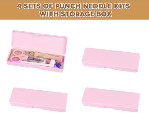 Cheloment 4 Set Punch Needle Kit with Storage Box, Adjustable Tool with 5 Metal Needles, Embroidery Set for Adults (Pink)