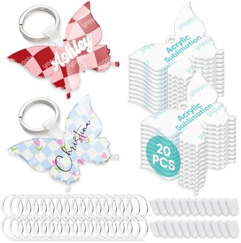 YOPPIX 60 Pcs Sublimation Acrylic Butterfly Blank kit, with 20 Fixing Clips and 20 Key Rings for Heat Transfer Keychain Bags Wedding Table Decor, Christmas Tree Decor, Home Gift Crafts Supplies