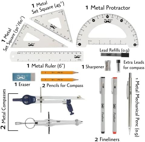Mr. Pen- Professional Geometry Set, 15 pcs, Drafting Tools with Protractor | Compass, Metal Ruler, Triangles, Pens & Pencils, Complete Geometry & Drafting Kit for Architects, Engineers & Students
