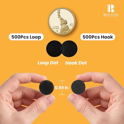 Self Adhesive Dots, Strong Adhesive 1000pcs (500 Pairs) 0.59" Diameter Sticky Nylon Dots, Hook & Loop Dots with Waterproof Sticky Glue Tapes, Suitable for Classroom, Office, Home (Black)
