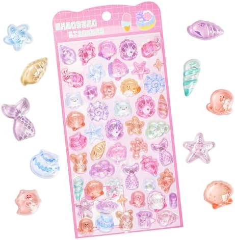 Stickers Pink Ocean Theme Cute Puff Stickers with Glitter Funny Kawaii, Sea Star, Shell, Conch 3D Puffy for Scrapbooks Planner Journals Laptops Phone Case Decoration Laptops Phone Case DIY