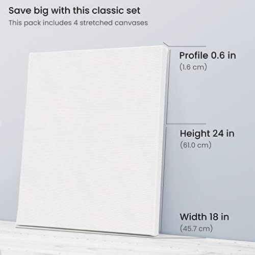 ARTEZA Classic Stretched Canvas for Painting, 18 x 24 in, Pack of 4, Pre-Primed White Canvases for Acrylic, Oil, Gouache, Tempera, and Mixed Media | 100% Cotton-Texture Surface, Wood Bars, White Finish, For Acrylic, Oil, Gouache, Tempera and Palette-Kn...