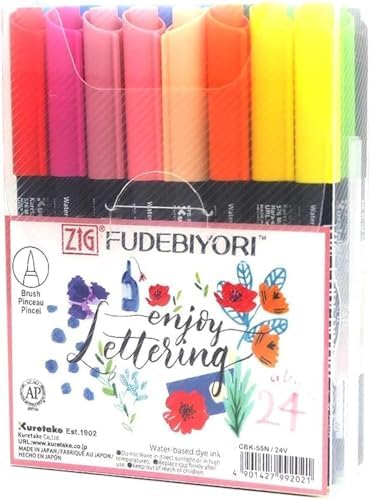 Kuretake ZIG FUDEBIYORI Brush Pens 24 Colors set, AP-Certified, Odourless, Xylene free, Flexible Hard brush tip, Effective for both details and larger spaces, Professional quality, Made in Japan