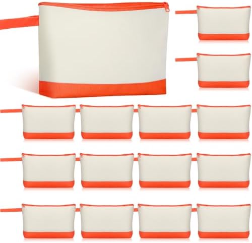 Silkfly 15 Pcs Cotton Canvas Makeup Bags Cosmetic Zipper Bags 10.2 x 5.5 x 2'' Blank DIY Pouch Bulk Pencil Case with Bottom Travel Toiletry Pouch for Women Craft Decor Gift (Beige and Orange)