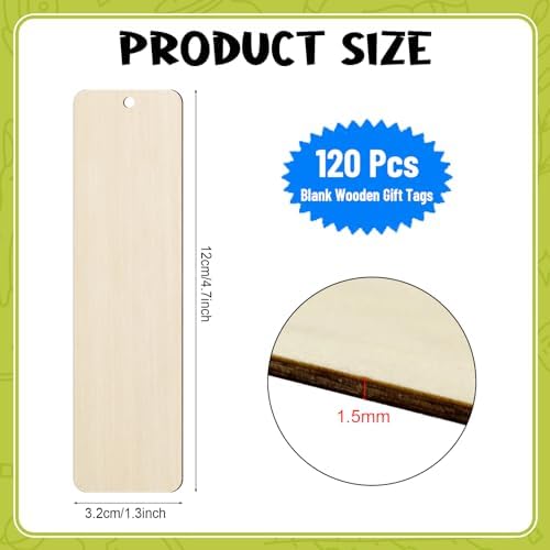 120 PCS Wood Blank Bookmarks Set with 10M Rope
