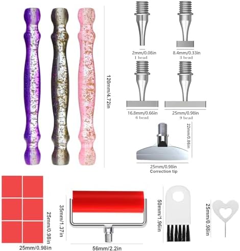 ZYNYXY 17PCS Ergonomic Diamond Art Pen Kits, with Multifunctional Metal Stainless Steel Screw Thin 1, 3, 6, 9, Tips, Correction Placers Roller Accessories (A Purple+ Pink+ Black+ 5 PCS Tips)