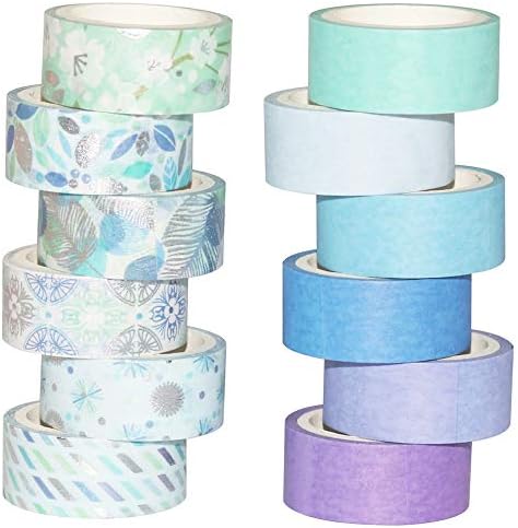 YUBBAEX 12 Rolls Blue Silver Washi Tape Set Masking Decorative Tapes (Blue Mix)